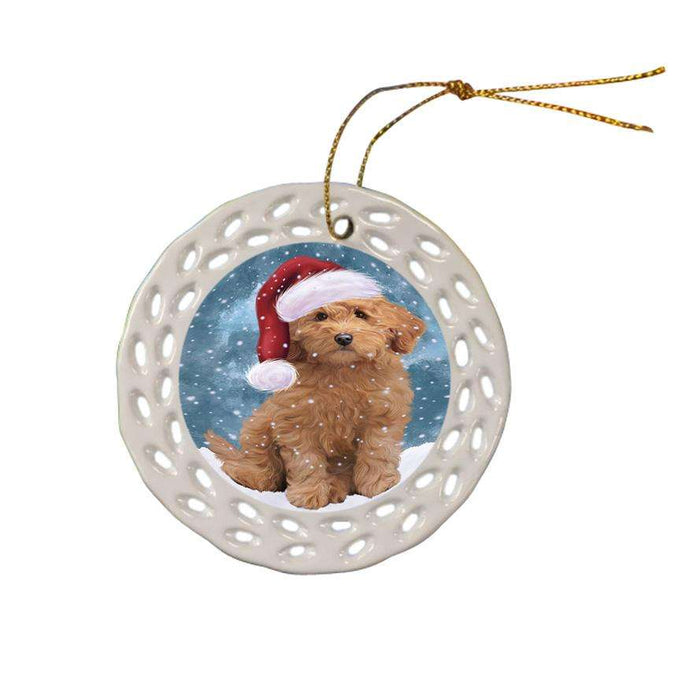 Let it Snow Christmas Holiday Goldendoodle Dog Wearing Santa Hat Ceramic Doily Ornament DPOR54296
