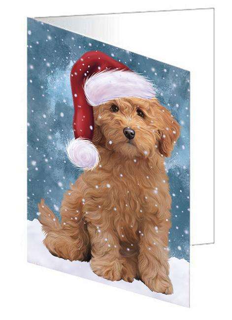 Let it Snow Christmas Holiday Goldendoodle Dog Wearing Santa Hat Handmade Artwork Assorted Pets Greeting Cards and Note Cards with Envelopes for All Occasions and Holiday Seasons GCD66917