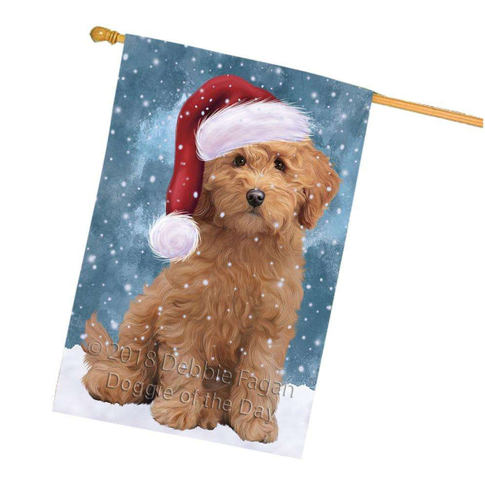 Let it Snow Christmas Holiday Goldendoodle Dog Wearing Santa Hat House Flag FLG54494