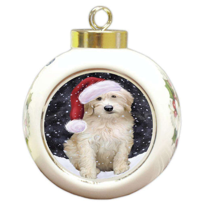 Let it Snow Christmas Holiday Goldendoodle Dog Wearing Santa Hat Round Ball Christmas Ornament RBPOR54294
