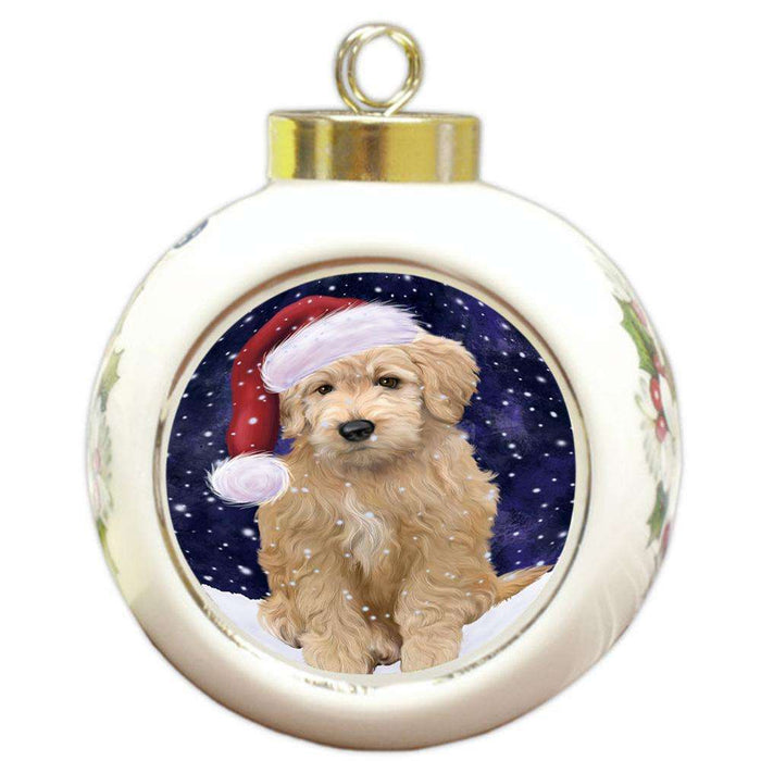 Let it Snow Christmas Holiday Goldendoodle Dog Wearing Santa Hat Round Ball Christmas Ornament RBPOR54295