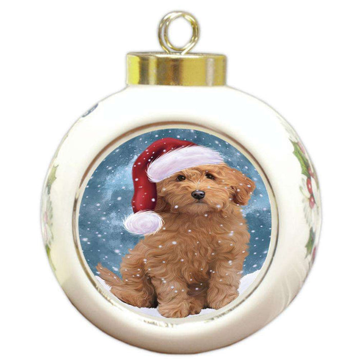 Let it Snow Christmas Holiday Goldendoodle Dog Wearing Santa Hat Round Ball Christmas Ornament RBPOR54296