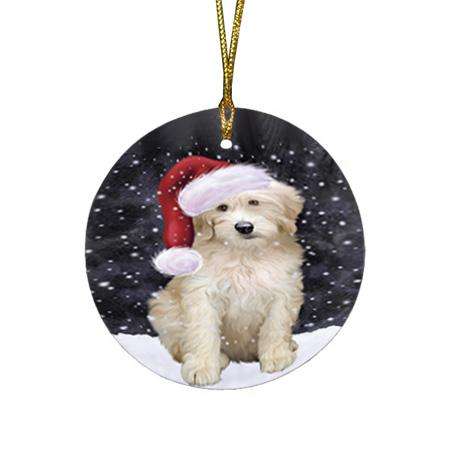 Let it Snow Christmas Holiday Goldendoodle Dog Wearing Santa Hat Round Flat Christmas Ornament RFPOR54285