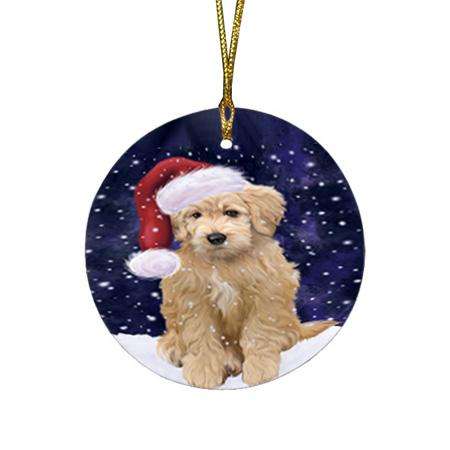 Let it Snow Christmas Holiday Goldendoodle Dog Wearing Santa Hat Round Flat Christmas Ornament RFPOR54286