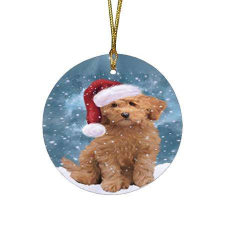 Let it Snow Christmas Holiday Goldendoodle Dog Wearing Santa Hat Round Flat Christmas Ornament RFPOR54287