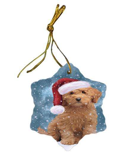 Let it Snow Christmas Holiday Goldendoodle Dog Wearing Santa Hat Star Porcelain Ornament SPOR54287