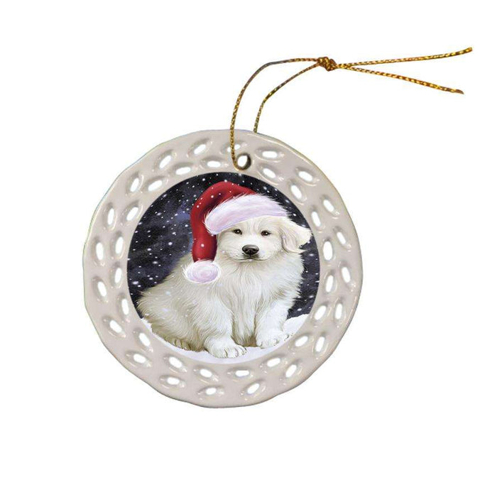Let it Snow Christmas Holiday Great Pyrenee Dog Wearing Santa Hat Ceramic Doily Ornament DPOR54297