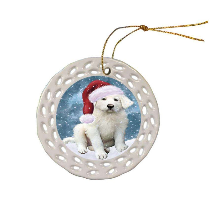 Let it Snow Christmas Holiday Great Pyrenee Dog Wearing Santa Hat Ceramic Doily Ornament DPOR54299