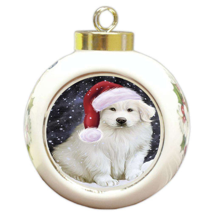 Let it Snow Christmas Holiday Great Pyrenee Dog Wearing Santa Hat Round Ball Christmas Ornament RBPOR54297