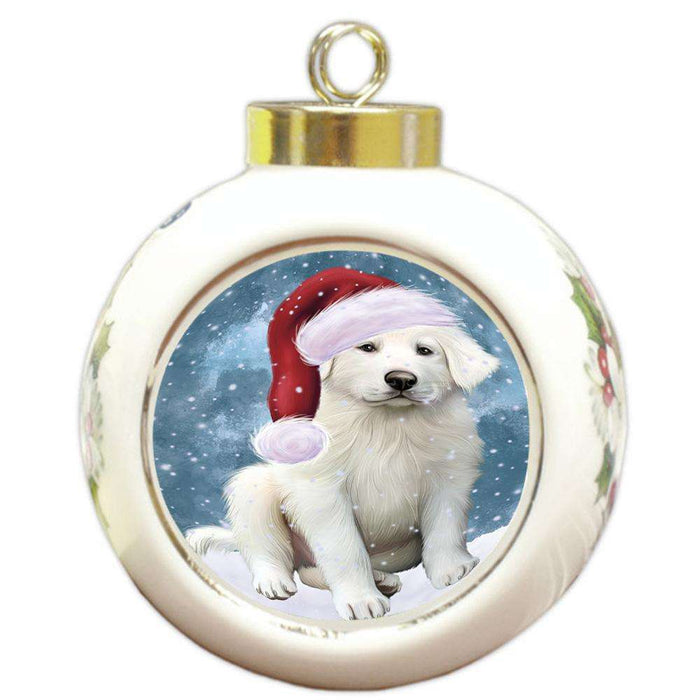Let it Snow Christmas Holiday Great Pyrenee Dog Wearing Santa Hat Round Ball Christmas Ornament RBPOR54299