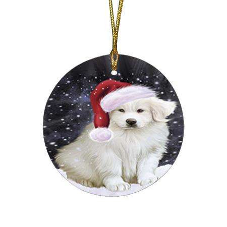 Let it Snow Christmas Holiday Great Pyrenee Dog Wearing Santa Hat Round Flat Christmas Ornament RFPOR54288