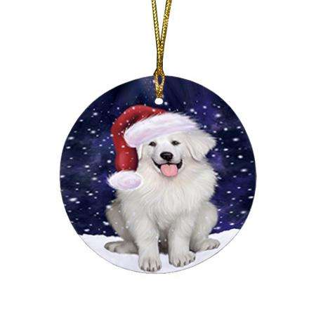 Let it Snow Christmas Holiday Great Pyrenee Dog Wearing Santa Hat Round Flat Christmas Ornament RFPOR54289