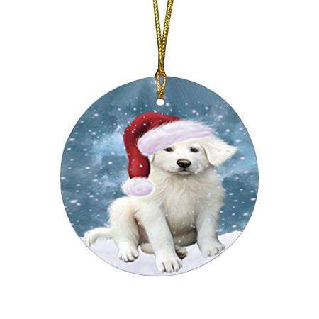 Let it Snow Christmas Holiday Great Pyrenee Dog Wearing Santa Hat Round Flat Christmas Ornament RFPOR54290