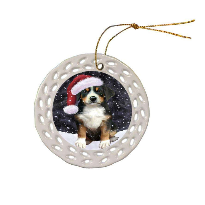 Let it Snow Christmas Holiday Greater Swiss Mountain Dog Wearing Santa Hat Ceramic Doily Ornament DPOR54300