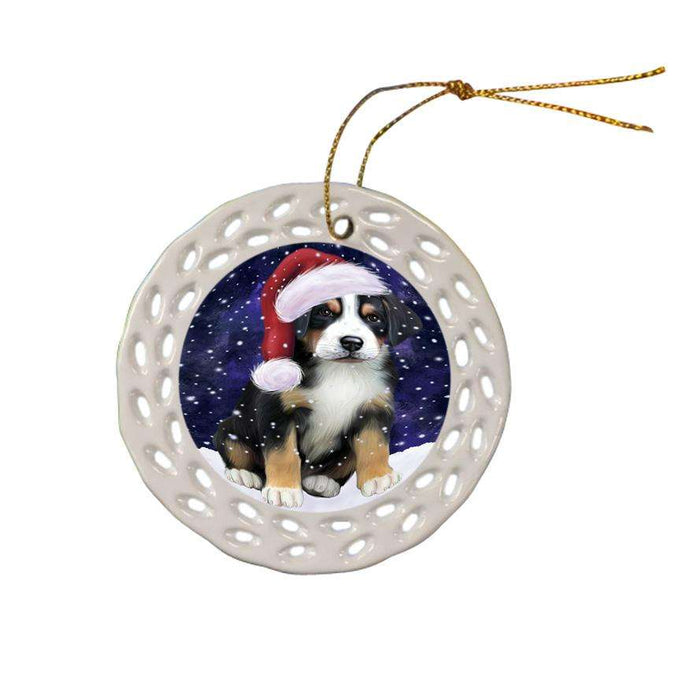 Let it Snow Christmas Holiday Greater Swiss Mountain Dog Wearing Santa Hat Ceramic Doily Ornament DPOR54301