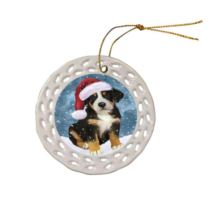 Let it Snow Christmas Holiday Greater Swiss Mountain Dog Wearing Santa Hat Ceramic Doily Ornament DPOR54302