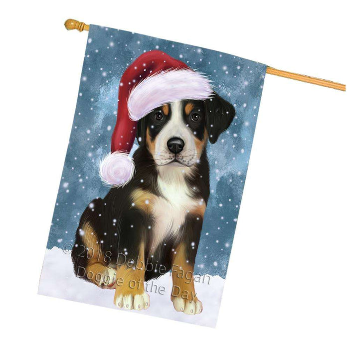 Let it Snow Christmas Holiday Greater Swiss Mountain Dog Wearing Santa Hat House Flag FLG54500