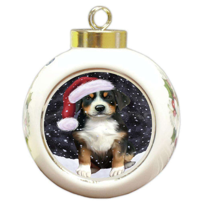 Let it Snow Christmas Holiday Greater Swiss Mountain Dog Wearing Santa Hat Round Ball Christmas Ornament RBPOR54300