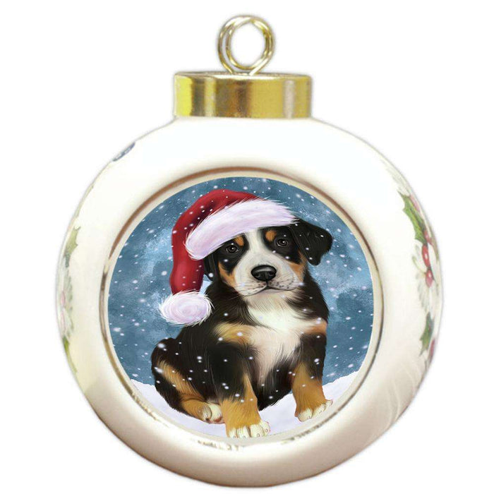 Let it Snow Christmas Holiday Greater Swiss Mountain Dog Wearing Santa Hat Round Ball Christmas Ornament RBPOR54302