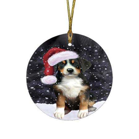 Let it Snow Christmas Holiday Greater Swiss Mountain Dog Wearing Santa Hat Round Flat Christmas Ornament RFPOR54291