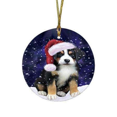 Let it Snow Christmas Holiday Greater Swiss Mountain Dog Wearing Santa Hat Round Flat Christmas Ornament RFPOR54292