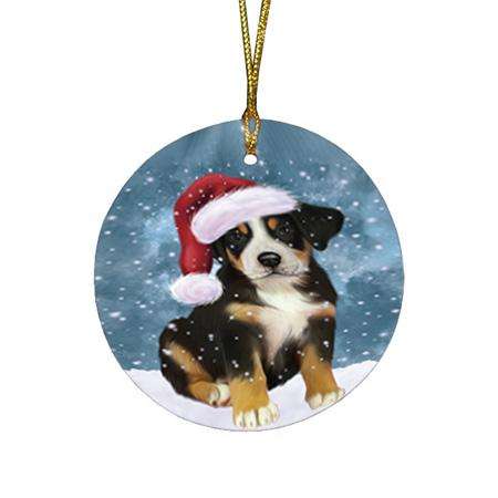 Let it Snow Christmas Holiday Greater Swiss Mountain Dog Wearing Santa Hat Round Flat Christmas Ornament RFPOR54293