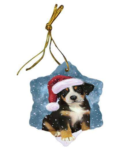 Let it Snow Christmas Holiday Greater Swiss Mountain Dog Wearing Santa Hat Star Porcelain Ornament SPOR54293