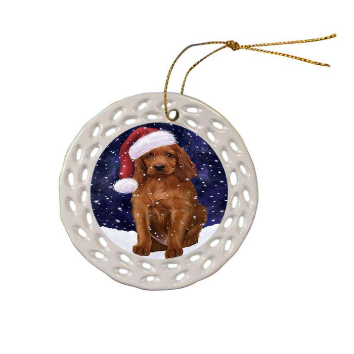 Let it Snow Christmas Holiday Irish Setter Dog Wearing Santa Hat Ceramic Doily Ornament DPOR54303