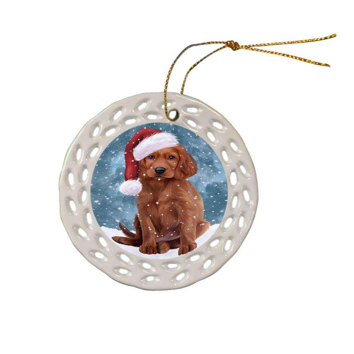 Let it Snow Christmas Holiday Irish Setter Dog Wearing Santa Hat Ceramic Doily Ornament DPOR54304