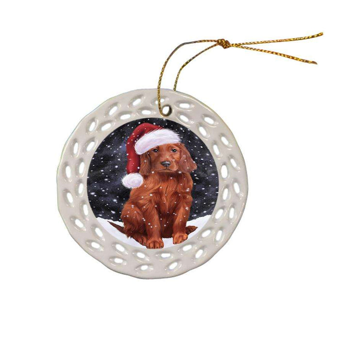 Let it Snow Christmas Holiday Irish Setter Dog Wearing Santa Hat Ceramic Doily Ornament DPOR54305