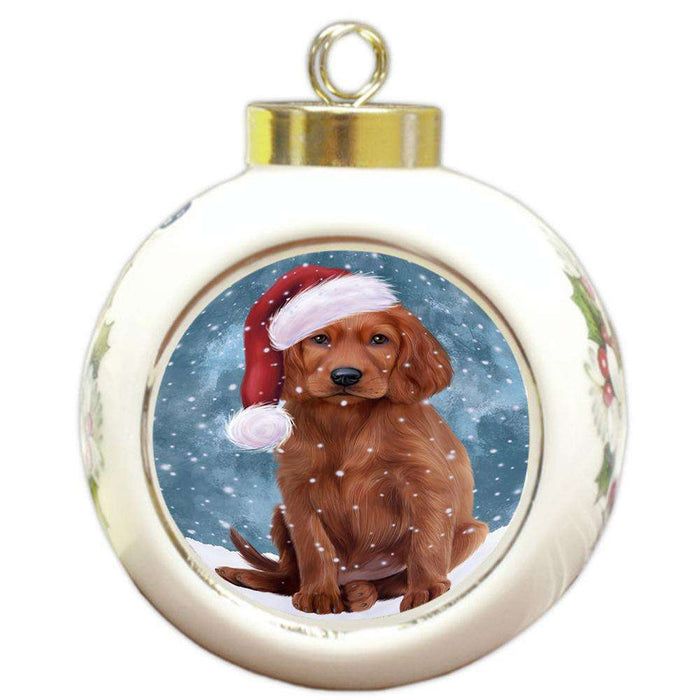 Let it Snow Christmas Holiday Irish Setter Dog Wearing Santa Hat Round Ball Christmas Ornament RBPOR54304