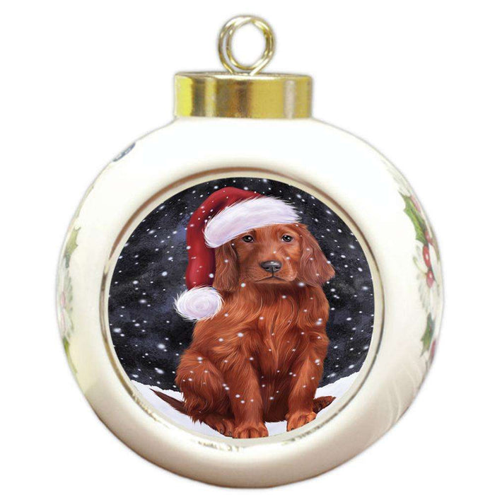 Let it Snow Christmas Holiday Irish Setter Dog Wearing Santa Hat Round Ball Christmas Ornament RBPOR54305