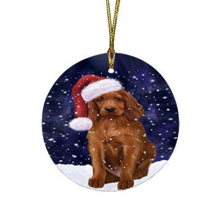 Let it Snow Christmas Holiday Irish Setter Dog Wearing Santa Hat Round Flat Christmas Ornament RFPOR54294