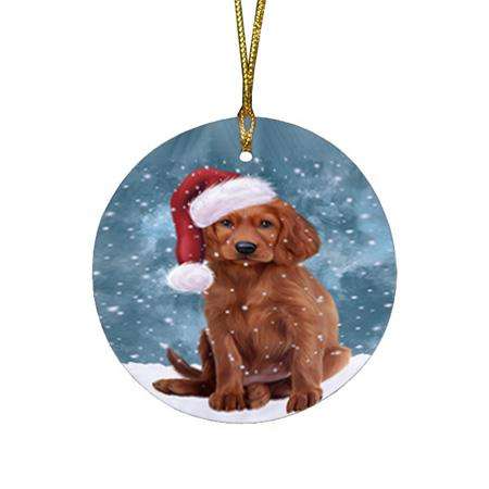 Let it Snow Christmas Holiday Irish Setter Dog Wearing Santa Hat Round Flat Christmas Ornament RFPOR54295