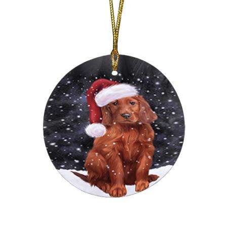 Let it Snow Christmas Holiday Irish Setter Dog Wearing Santa Hat Round Flat Christmas Ornament RFPOR54296