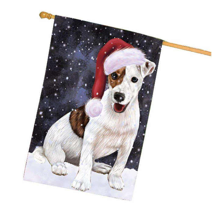 Let it Snow Christmas Holiday Jack Russel Dog Wearing Santa Hat House Flag