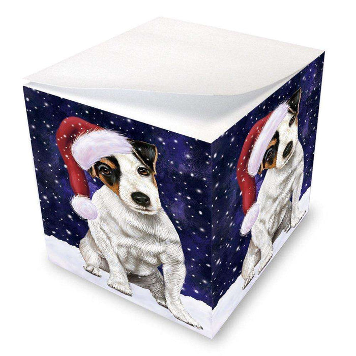 Let it Snow Christmas Holiday Jack Russel Dog Wearing Santa Hat Note Cube D327