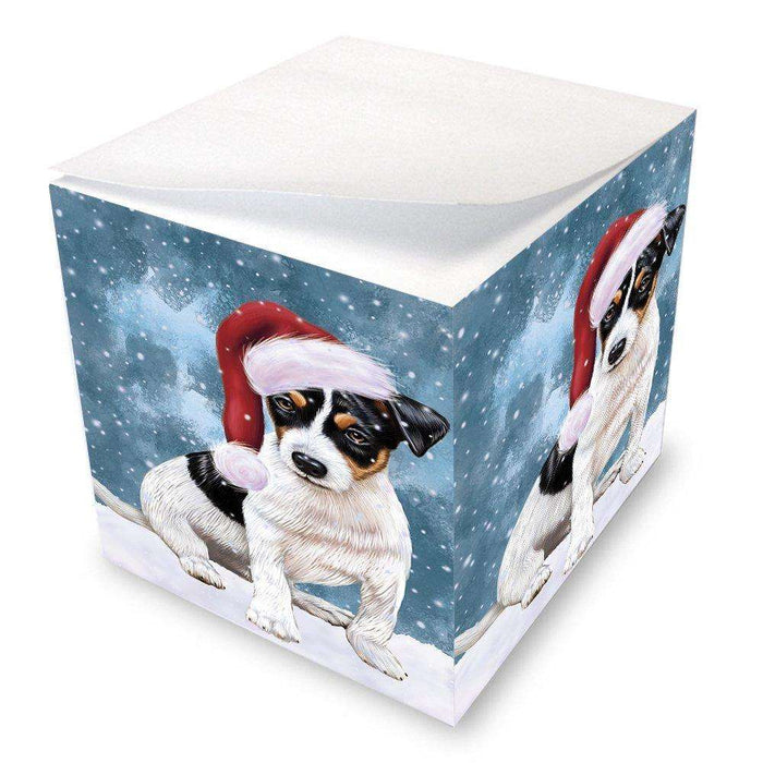 Let it Snow Christmas Holiday Jack Russel Dog Wearing Santa Hat Note Cube D328