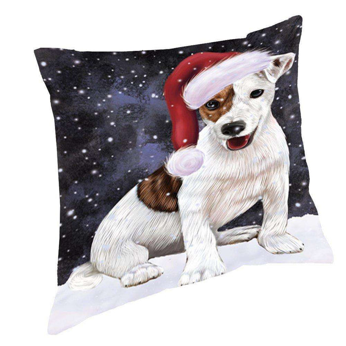Let it Snow Christmas Holiday Jack Russel Dog Wearing Santa Hat Throw Pillow