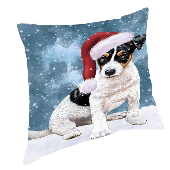 Let it Snow Christmas Holiday Jack Russel Dog Wearing Santa Hat Throw Pillow