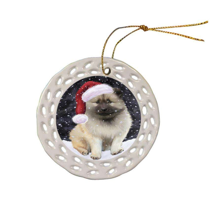 Let it Snow Christmas Holiday Keeshond Dog Wearing Santa Hat Ceramic Doily Ornament DPOR54306