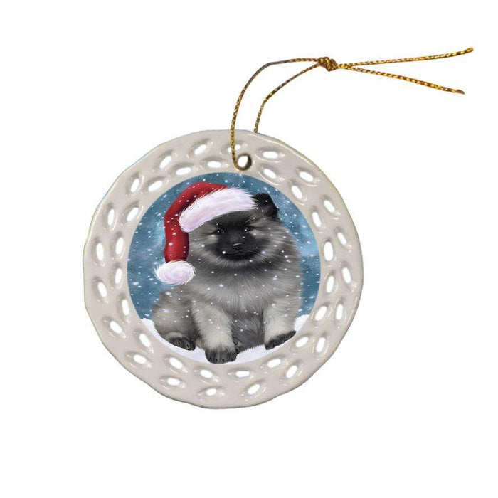 Let it Snow Christmas Holiday Keeshond Dog Wearing Santa Hat Ceramic Doily Ornament DPOR54308