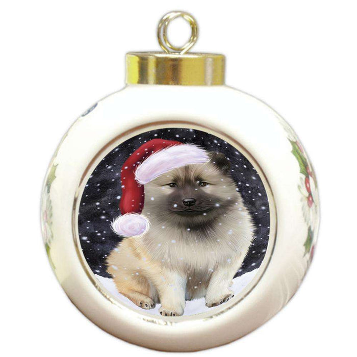 Let it Snow Christmas Holiday Keeshond Dog Wearing Santa Hat Round Ball Christmas Ornament RBPOR54306