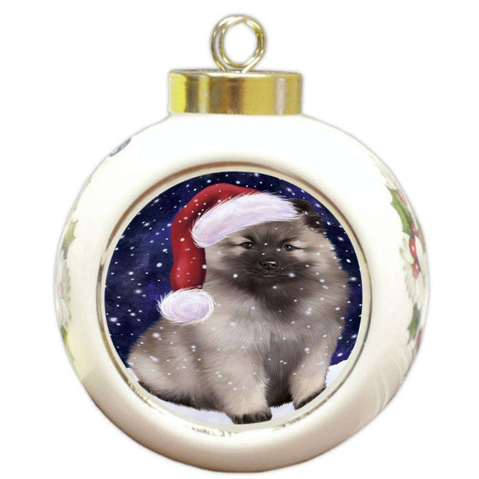 Let it Snow Christmas Holiday Keeshond Dog Wearing Santa Hat Round Ball Christmas Ornament RBPOR54307