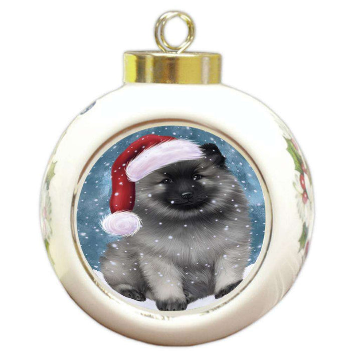 Let it Snow Christmas Holiday Keeshond Dog Wearing Santa Hat Round Ball Christmas Ornament RBPOR54308