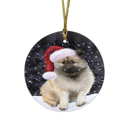 Let it Snow Christmas Holiday Keeshond Dog Wearing Santa Hat Round Flat Christmas Ornament RFPOR54297