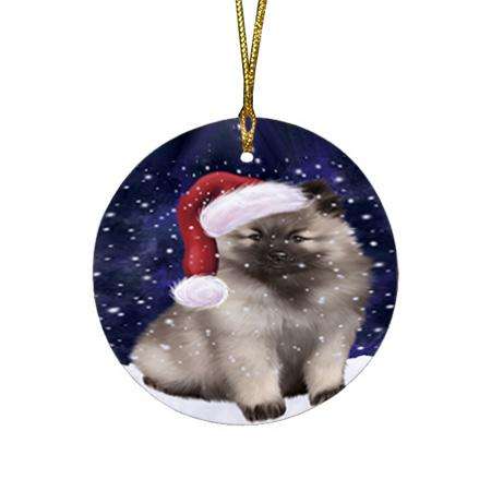 Let it Snow Christmas Holiday Keeshond Dog Wearing Santa Hat Round Flat Christmas Ornament RFPOR54298