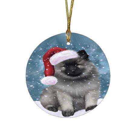 Let it Snow Christmas Holiday Keeshond Dog Wearing Santa Hat Round Flat Christmas Ornament RFPOR54299