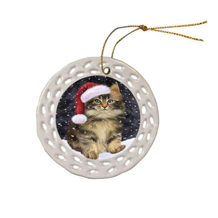 Let it Snow Christmas Holiday Maine Coon Cat Wearing Santa Hat Ceramic Doily Ornament DPOR54309