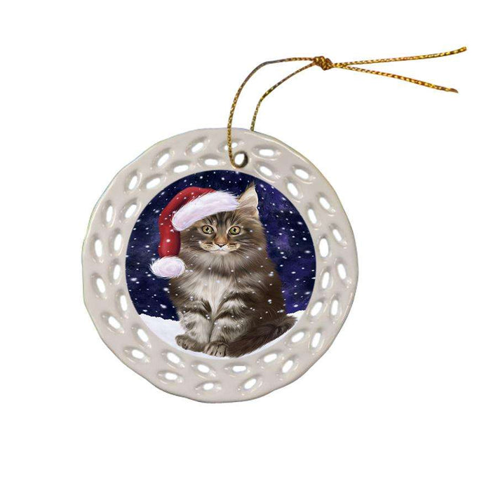 Let it Snow Christmas Holiday Maine Coon Cat Wearing Santa Hat Ceramic Doily Ornament DPOR54310
